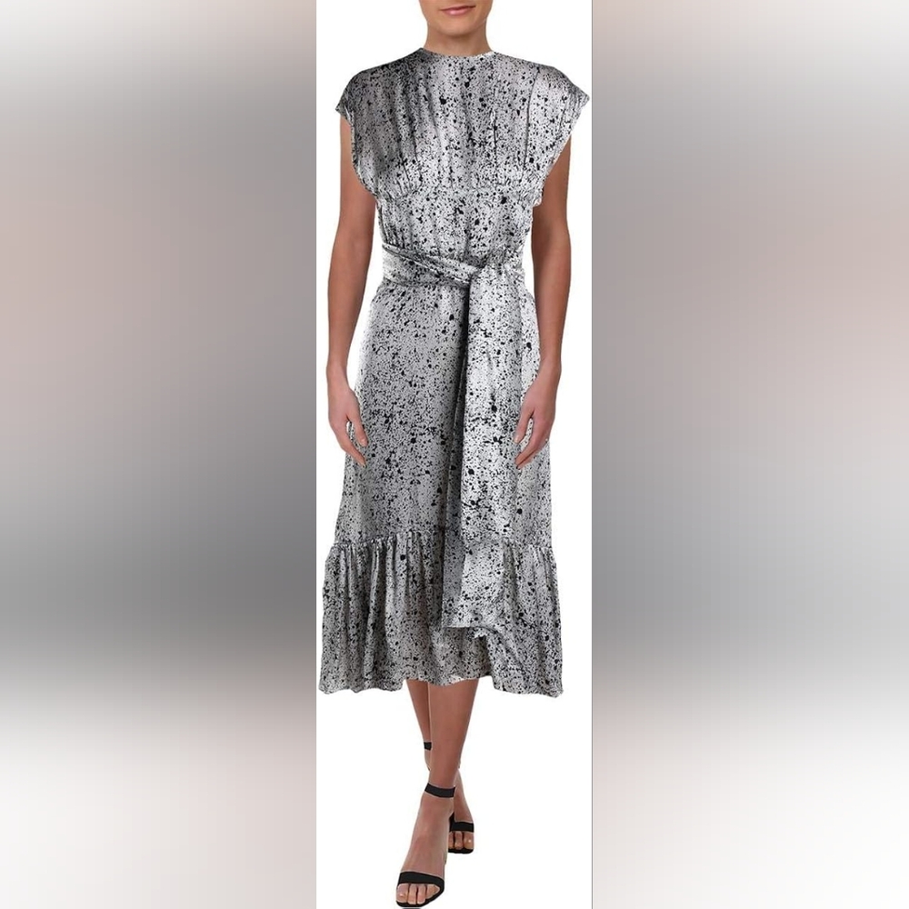 Paper London Dress Womens 10 White Black Speckled Silk Midi Tie Front Flutter